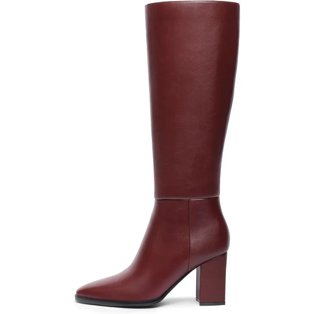 Women's Burgundy Classic Chunky Heel Pointed Toe High Heel Side Zipper Tall Boot